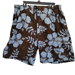 Sonoma Board Shorts Mens Large Blue Brown Hibiscus Swim Trunks Surfing Beach